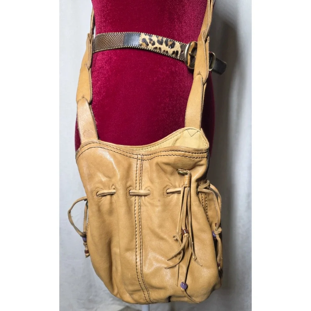 Lucky Brand Y2K Brown Lamb Leather Bucket Bag Boho Drawstring Crossbody Purse